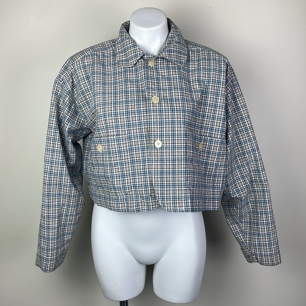 Vintage Esprit Sport Cropped Blazer Jacket Blue Plaid